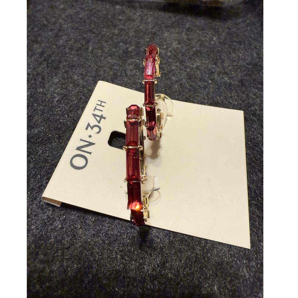 Rich Pink Baguette Pink Crystal Hoops by On‎ 34th